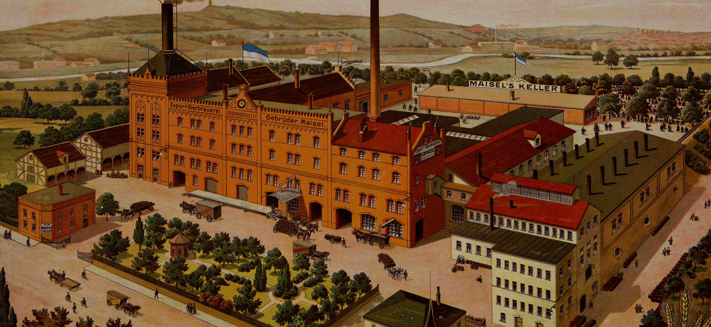 Ansicht der Export-Bierbrauerei Gebr. Maisel, Bayreuth auf einem Werbeplakat um 1900